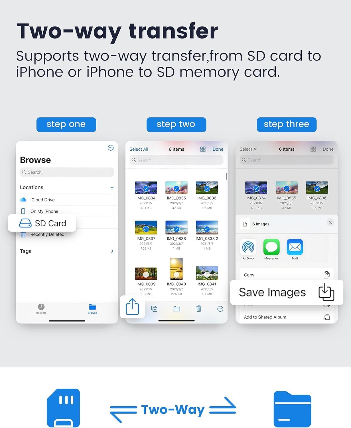 Certificado MFi de Apple Lector de cámara de tarjetas Lightning a SD para iPhone iPad, lector de tarjetas de memoria, visor de cámara de rastro,