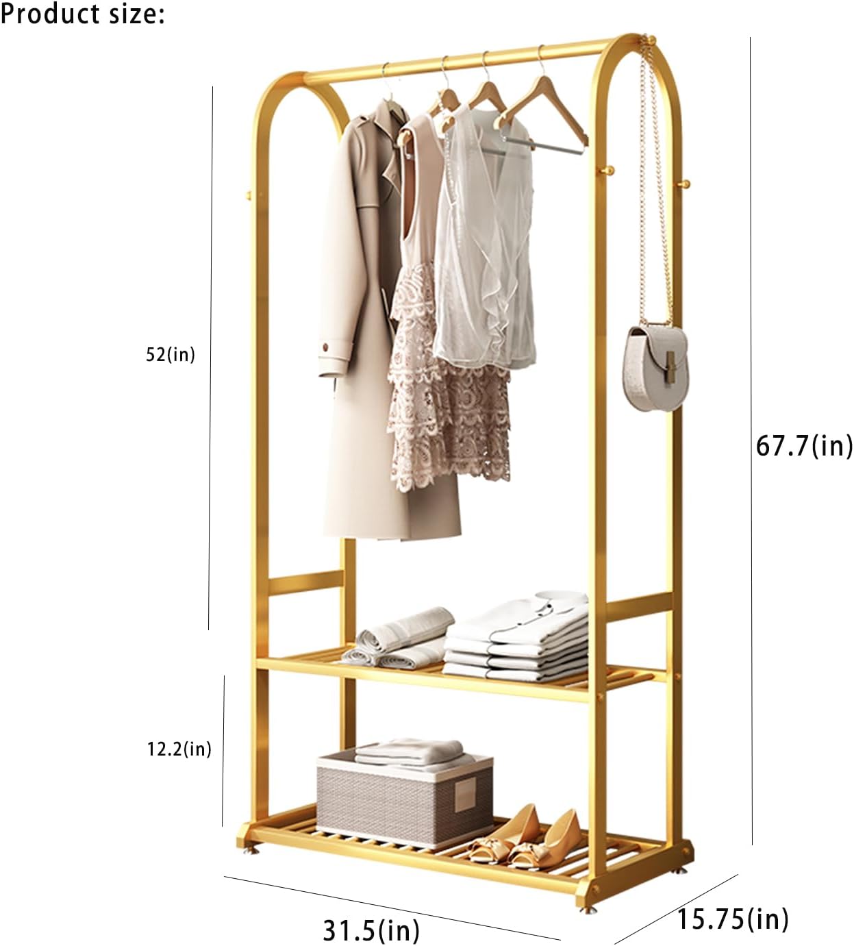 Perchero de ropa resistente, percheros dorados para colgar ropa, perchero de metal moderno con estantes dobles inferiores y 6 ganchos laterales para