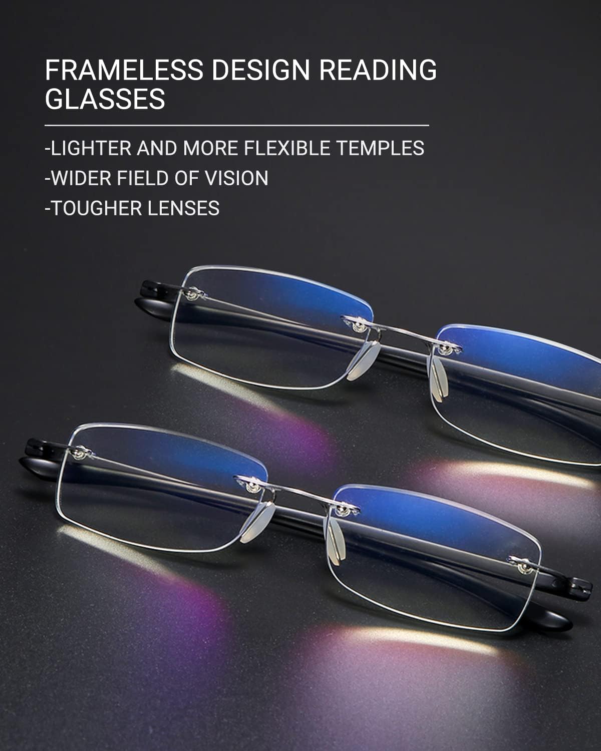 TERAISE Paquete de 2 lentes de lectura sin montura para hombres y mujeres, lentes de lectura con bloqueo de luz azul, ultraligeros sin marco, para