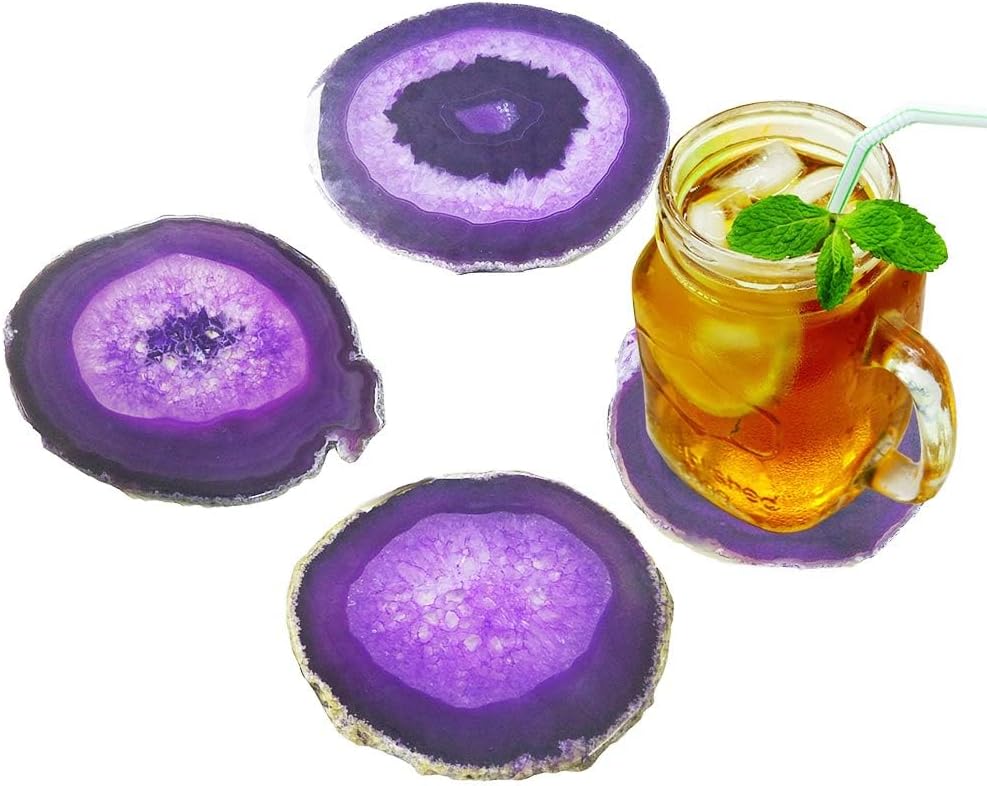 AMOYSTONE Posavasos de ágata para bebidas, posavasos de piedra de cristal, geoda, decorativo, morado, regalos antideslizantes, juego de 4, 3-3.5