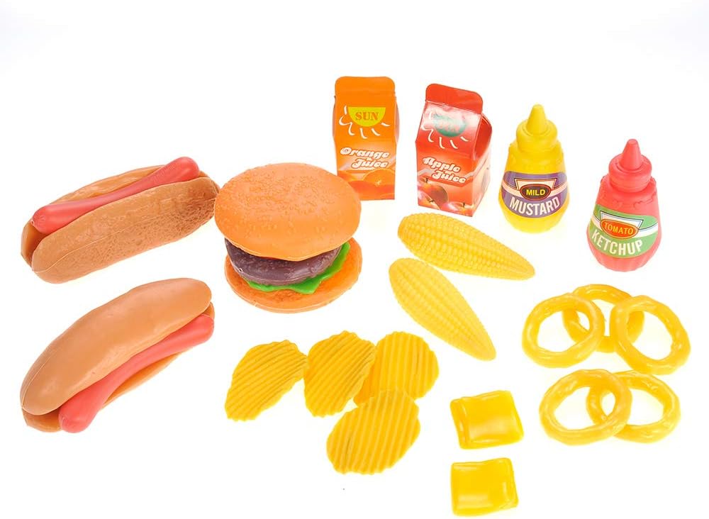 Set de juego de simulación de comida rápida  Incluye hamburguesa, hot dog, papas fritas, anillos de cebolla, maíz y más accesorios  Juego de cocina