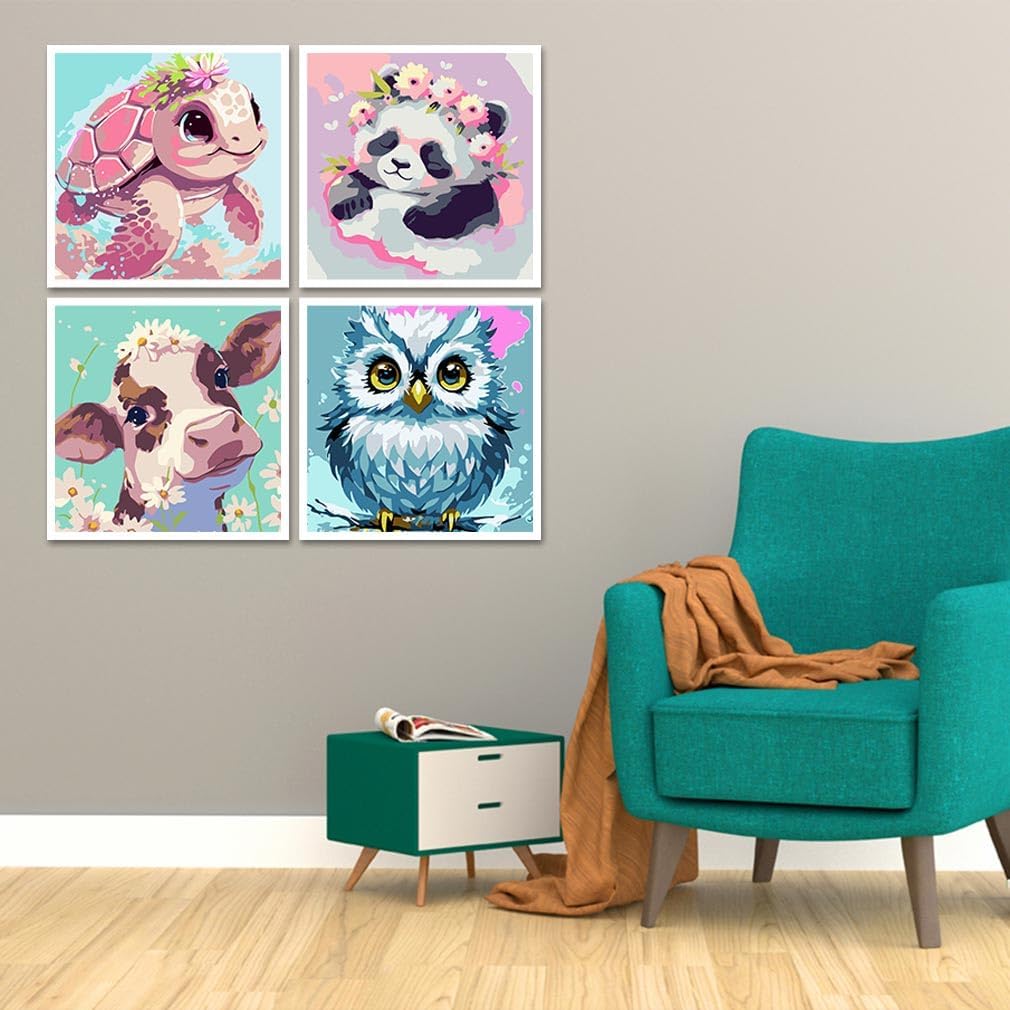 FQOVKYN Paquete de 4 pinturas por números para adultos, kit de pintura por números de animales lindos para adultos principiantes, pintura acrílica