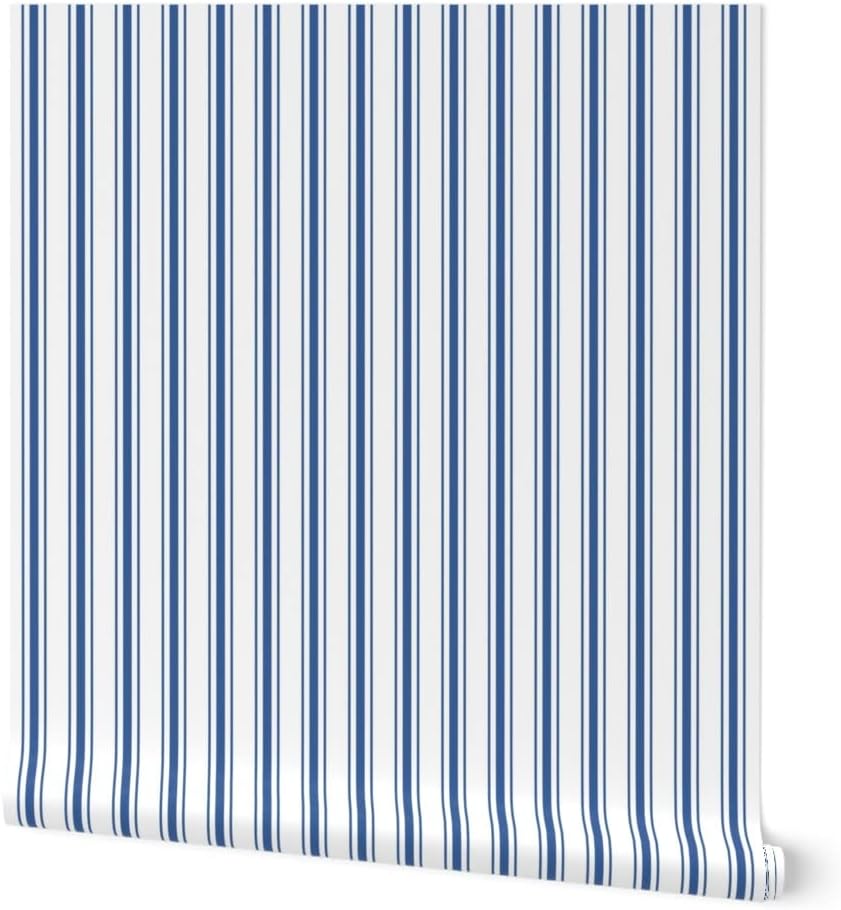 Spoonflower Removable Wallpaper 3ft x 2ft – French Ticking Stripes Striped Pattern Dark Blue White Farmhouse Custom Pre-Pasted Wallpaper