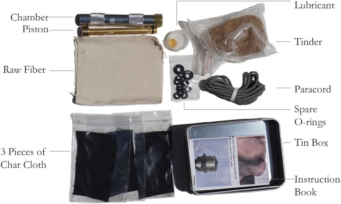 Kit de pistón de fuego con paño de carbón y yesca de emergencia de arranque de fuego de camping