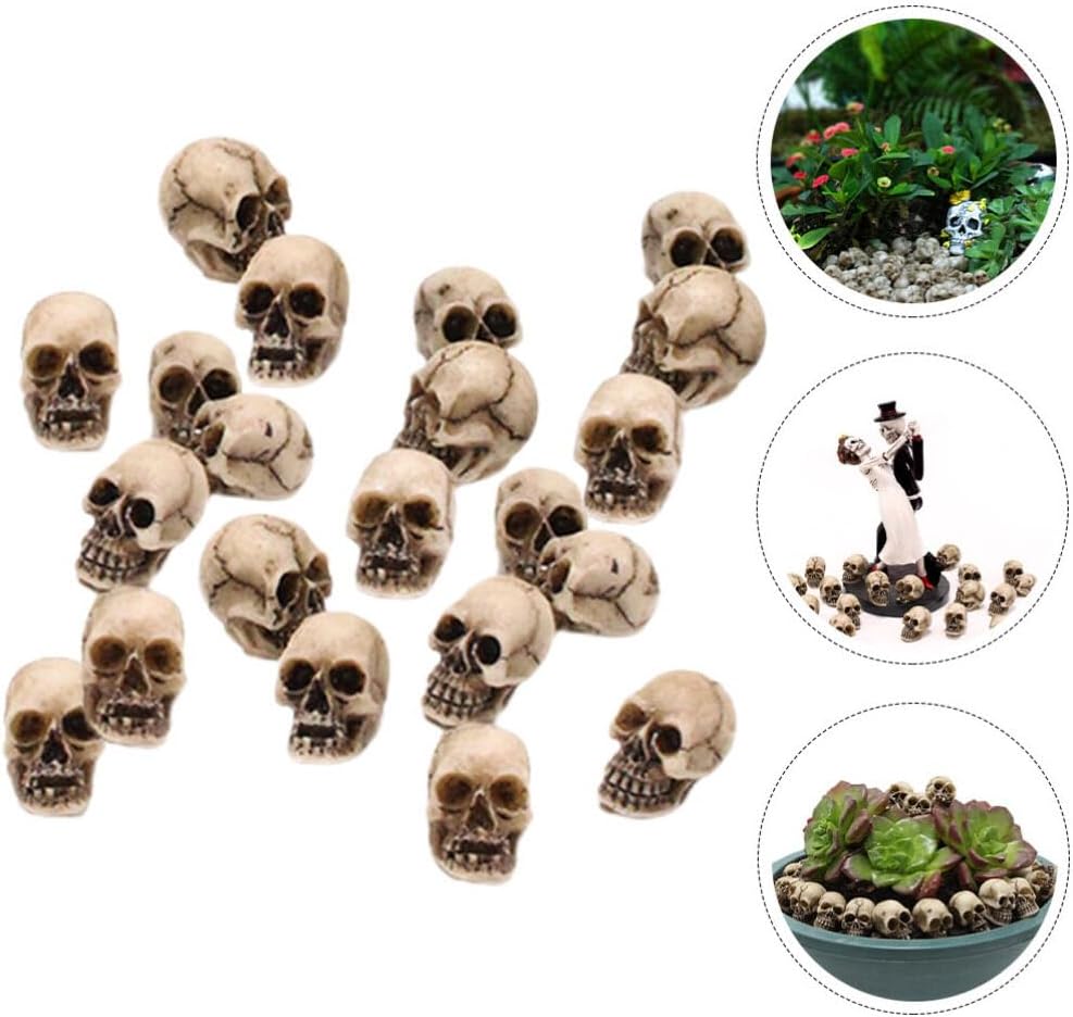 ABOOFAN 20 piezas de calavera de Halloween, decoración de calavera de resina, mini calaveras humanas, cabeza de calavera para accesorios de