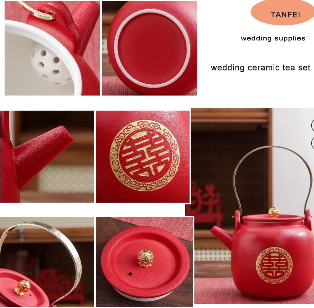 Juego de té de boda rojo de porcelana de doble felicidad, juego de té de boda de diseño de caqui, suministros de decoración de boda tradicionales