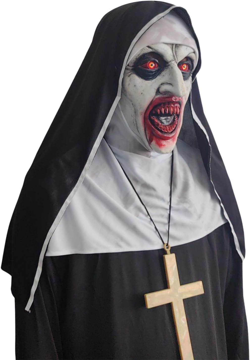 Máscara realista de monja malvada de cabeza completa con collar de cruz, máscara de monja sangrienta aterradora, disfraz de monja de Halloween,