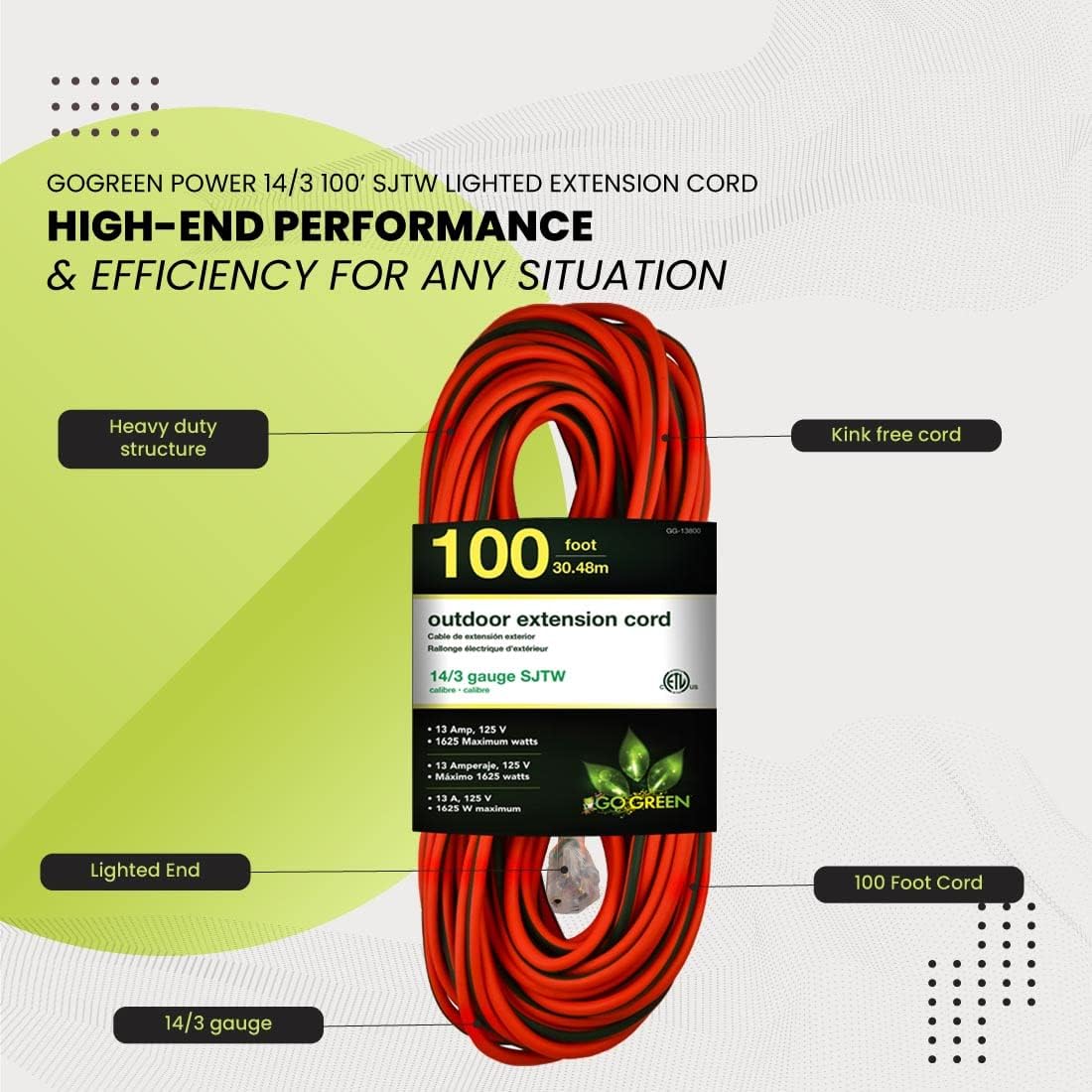 GoGreen Power (GG-13800) – Cable de extensión SJTW para exteriores, 143, 100 pies, cable de extensión iluminado, 100 pies