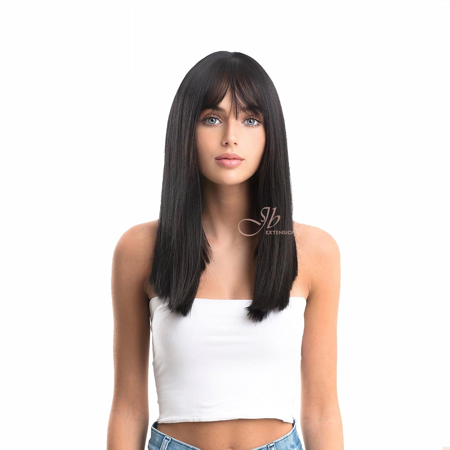Peluca negra de corte recto ZOE con flequillo completo, pelucas rectas sin pegamento para mujer, pelucas sintéticas naturales para uso diario
