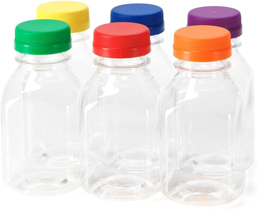 (6) Botellas cuadradas de plástico transparente de grado alimenticio de 8 onzas con 6 tapas a prueba de manipulaciones de diferentes colores, 6