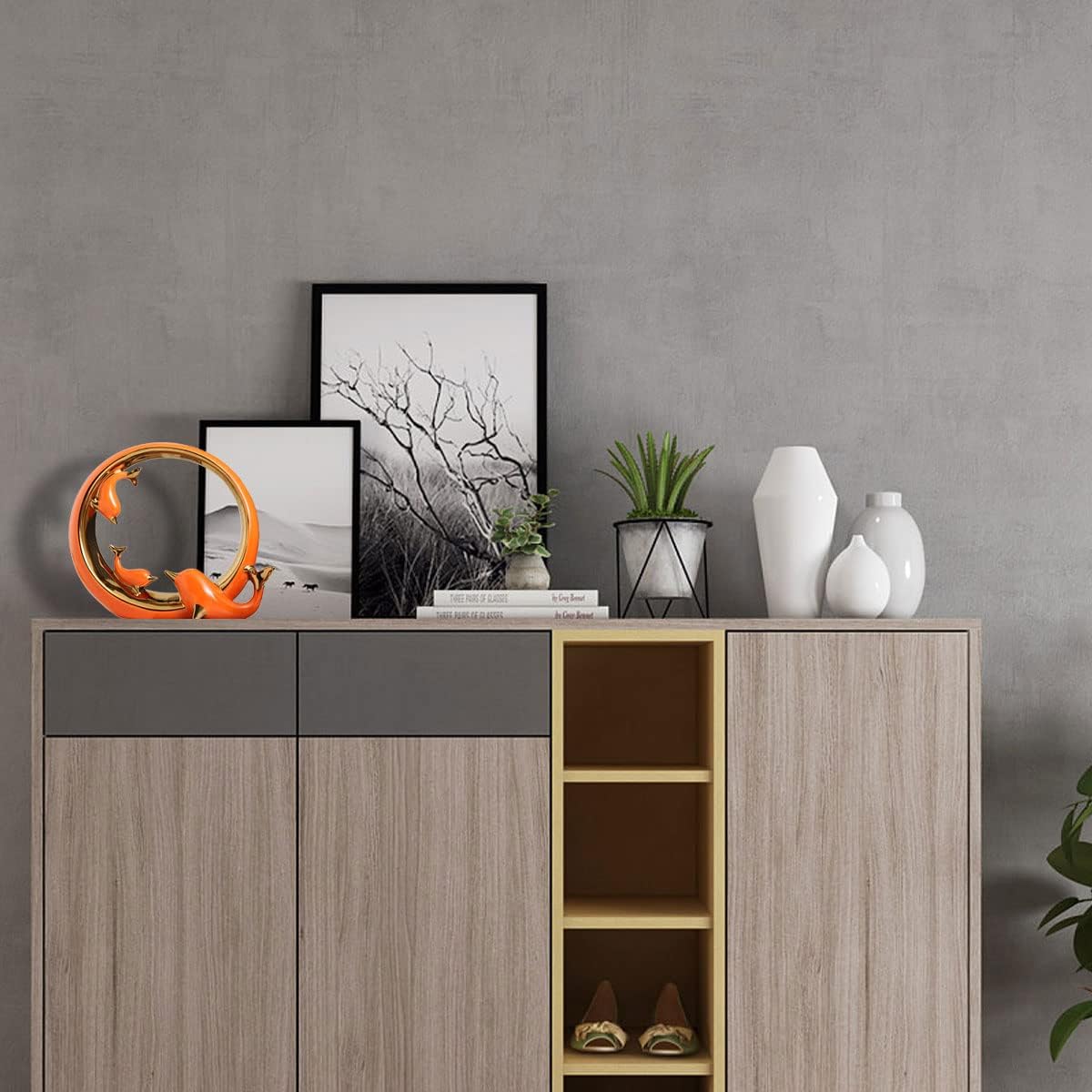 Figuras de delfín de cerámica de oro naranja, decoración costera del hogar, centros de mesa modernos del océano para sala de estar, comedor,