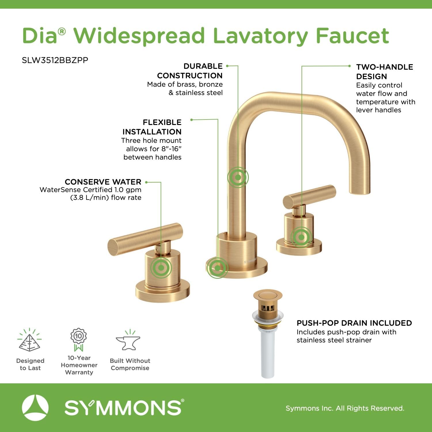 Symmons Dia – Grifo de baño de dos manijas con montaje de drenaje Push Pop en bronce cepillado (1.0 GPM), grande