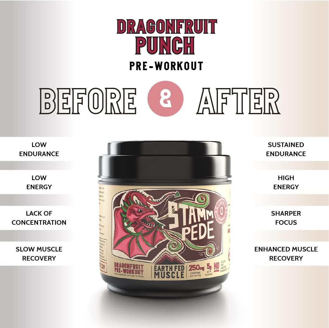 Earth Fed Muscle Stammpede DragoFruit Punch Pre entrenamiento, 30 porciones, aumenta la energía, aumenta la resistencia y el enfoque, beta-alanina,