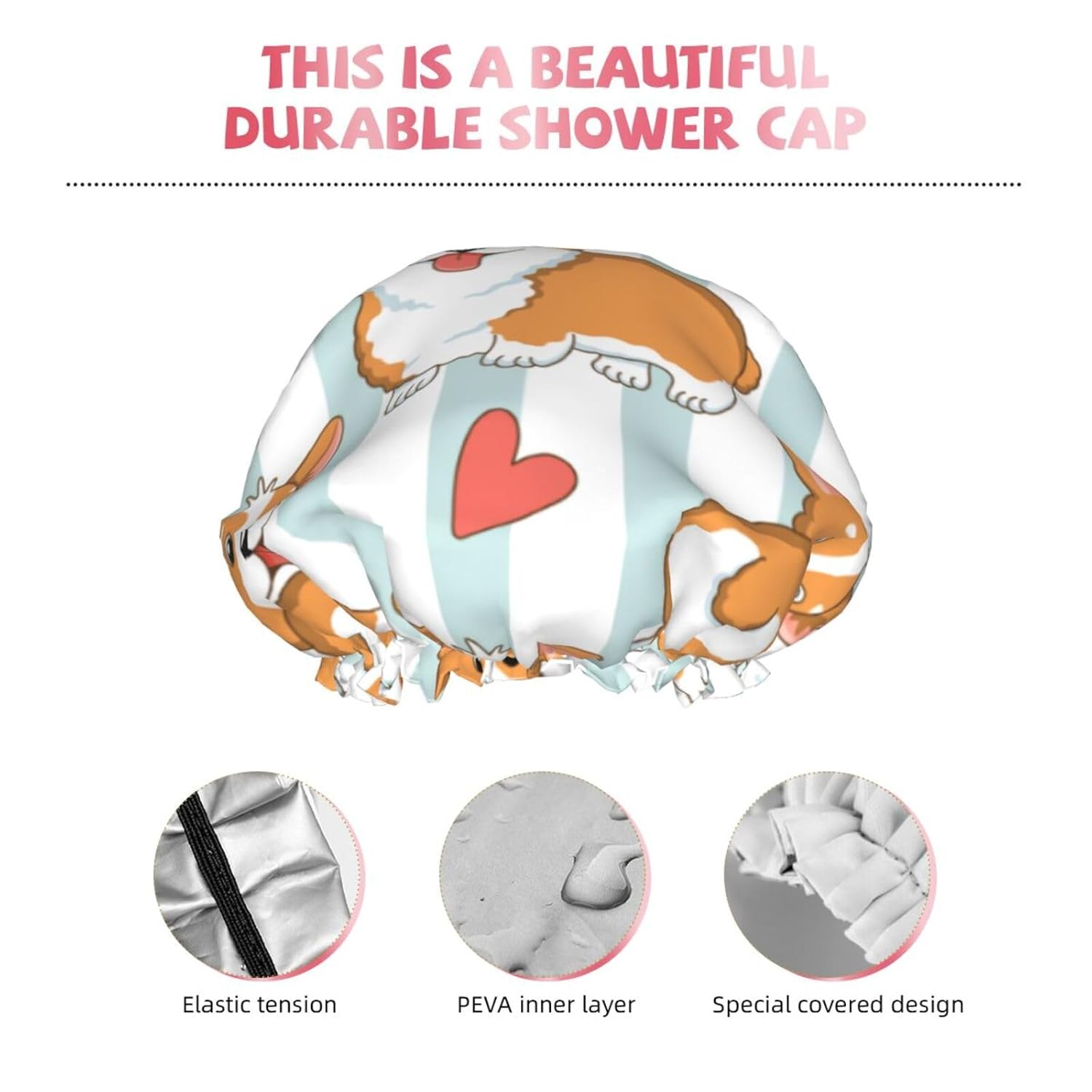 Gorro de ducha de lujo para mujer, diseño de caricaturas, encantadores, perros corgi y corazones, impermeable, reutilizable, doble capa para cabello