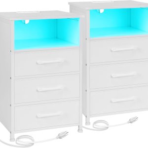 LOAKEKEL Juego de 2 mesitas de noche blancas con estación de carga, mesas auxiliares con 3 cajones de tela, mesita de noche con puerto USB tipo C y LOAKEKEL Juego de 2 mesitas de noche blancas con estación de carga, mesas auxiliares con 3 cajones de tela, mesita de noche con puerto USB tipo C y