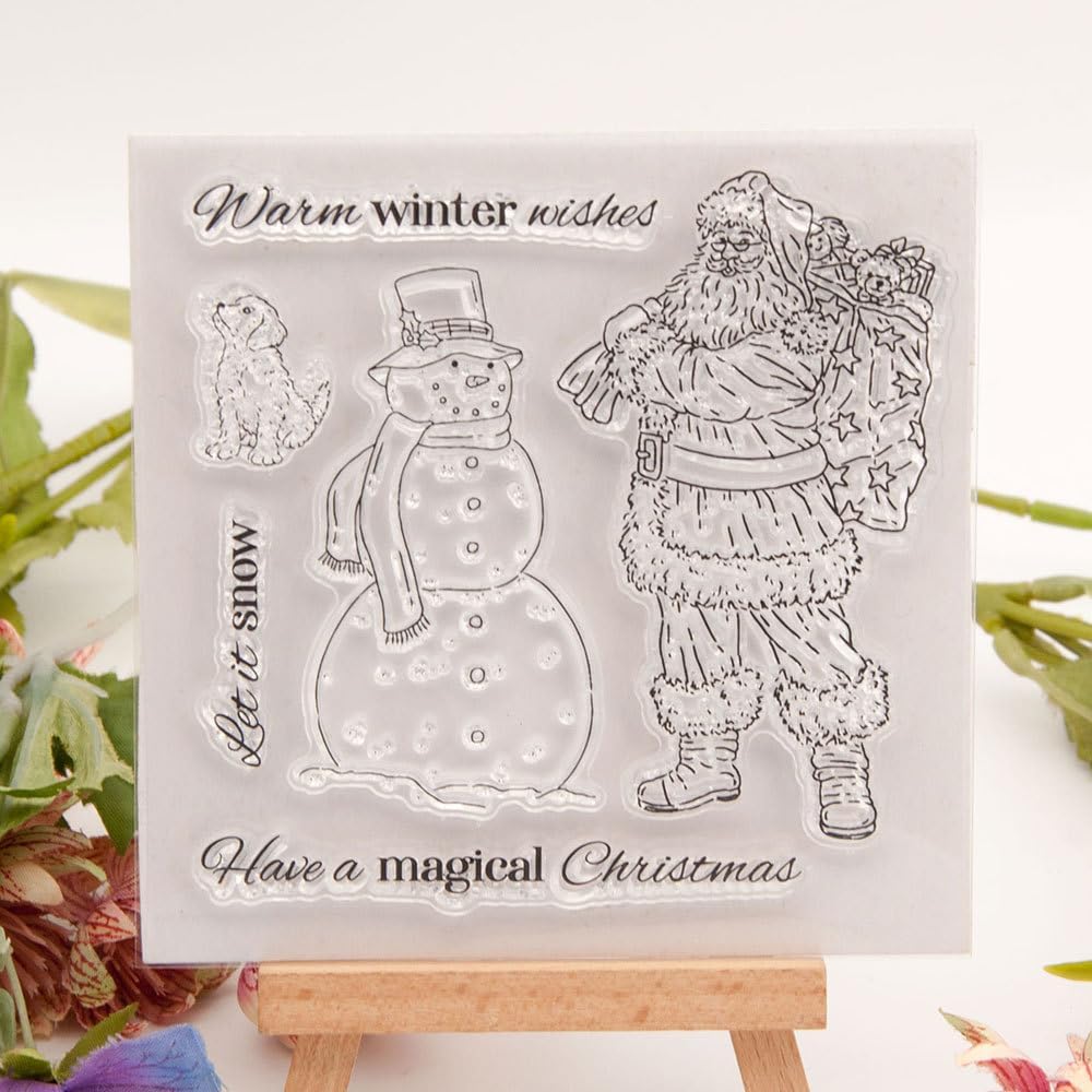 Arbuya Sellos transparentes de Papá Noel de Navidad para hacer tarjetas o diario, sellos de goma de muñeco de nieve de invierno para álbumes de