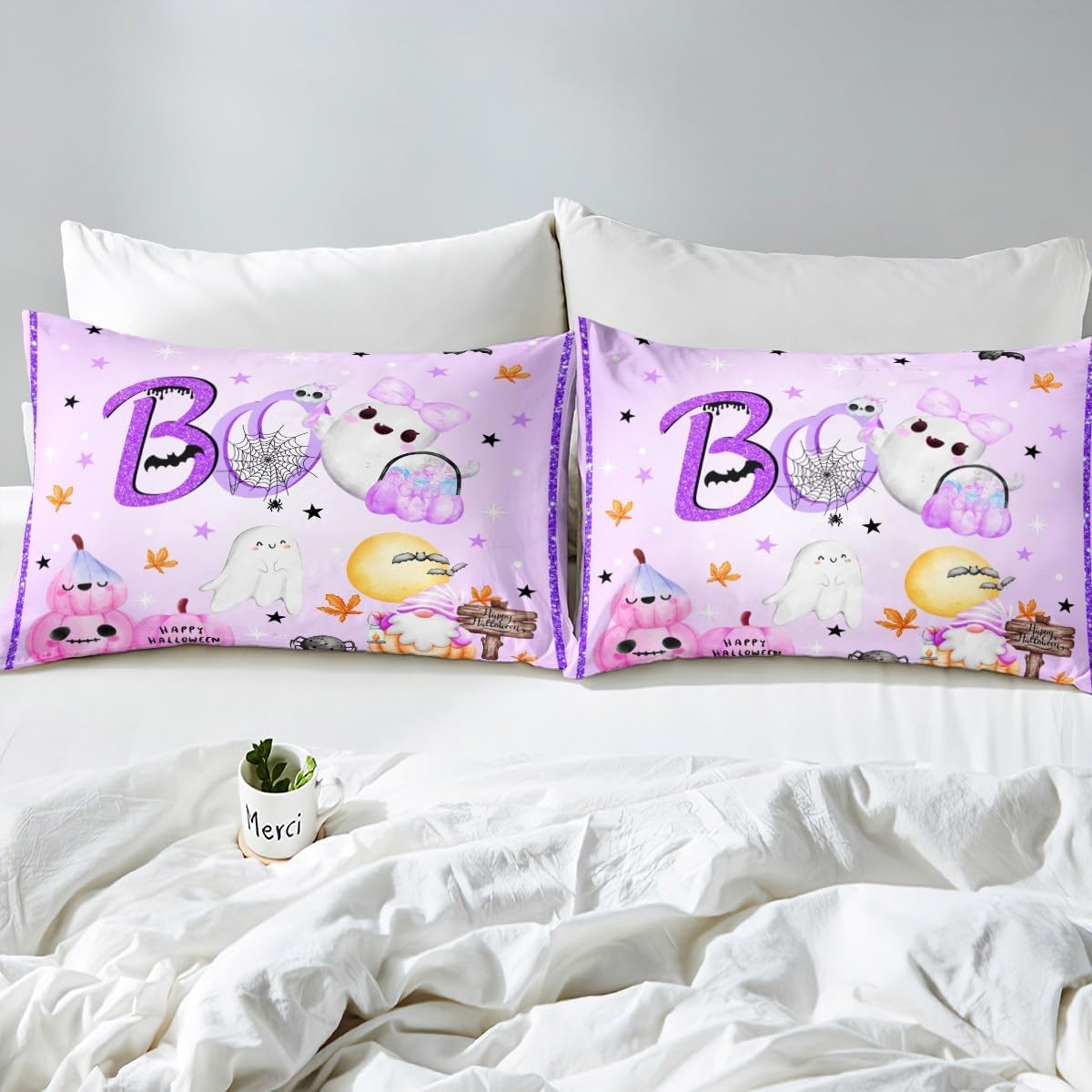 Juego de sábanas Kawaii de fantasma, tamaño King, juego de ropa de cama de Halloween morado de 4 piezas para decoración de habitación de niños y