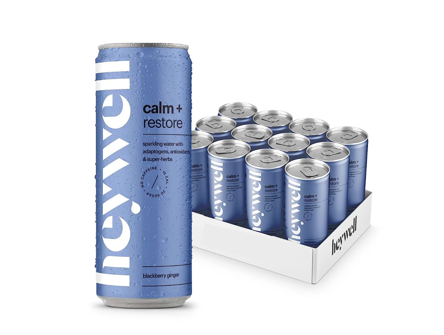 heywell Agua adaptógenica espumosa calma + restaura jengibre de mora sin cafeína, paquete de 12 latas de 12 onzas