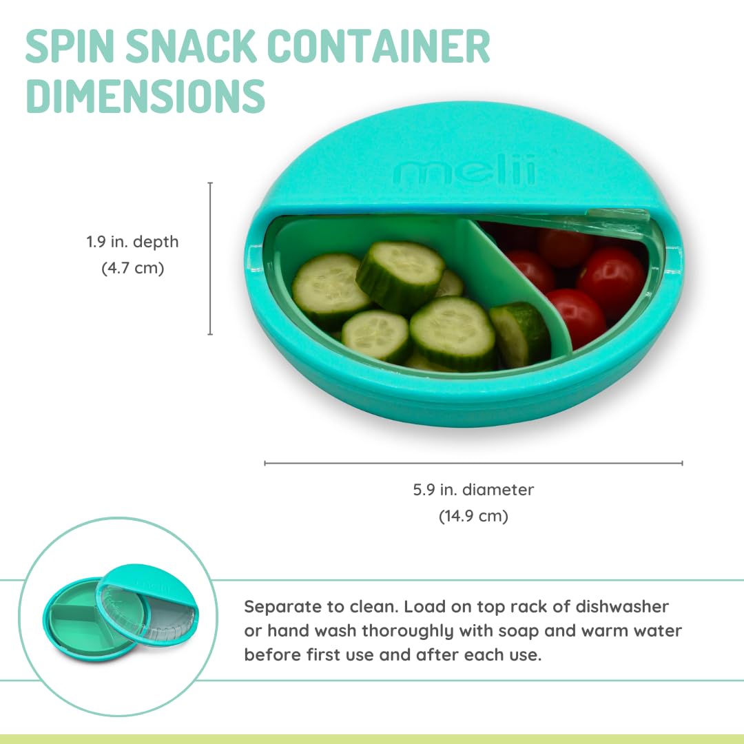 melii Contenedor giratorio para aperitivos, almacenamiento de alimentos para niños, sin BPA, apto para lavavajillas, 3 compartimentos (azul)