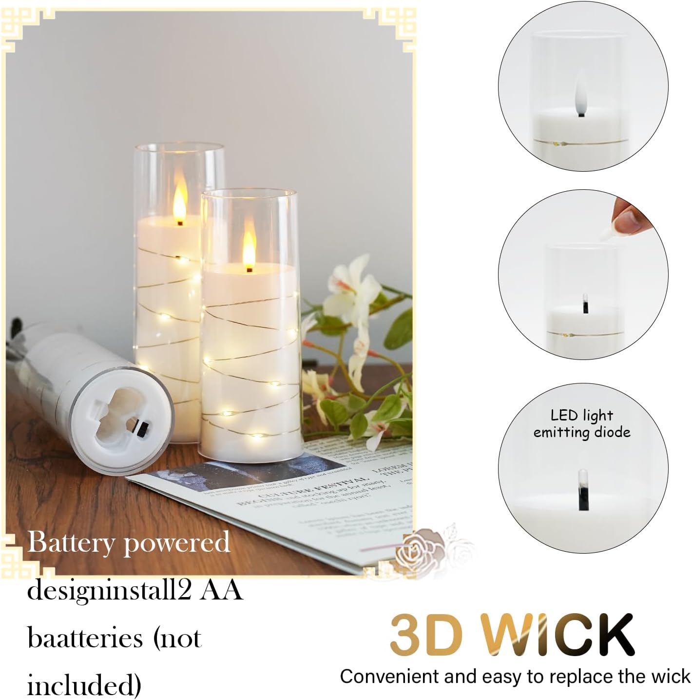 Velas sin llama, funcionan con pilas, 5 velas LED acrílicas parpadeantes con control remoto, con cadena de estrellas incrustada, vela de pilar sin