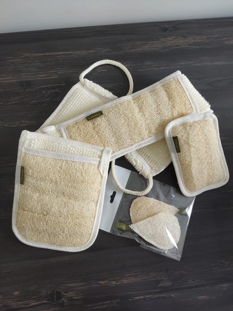 4 piezas  Lamina Natural-Orgánica, esponja de lufa, exfoliante corporal, esponja de ducha Beth Loofah (espalda larga, guante de doble cara, mini
