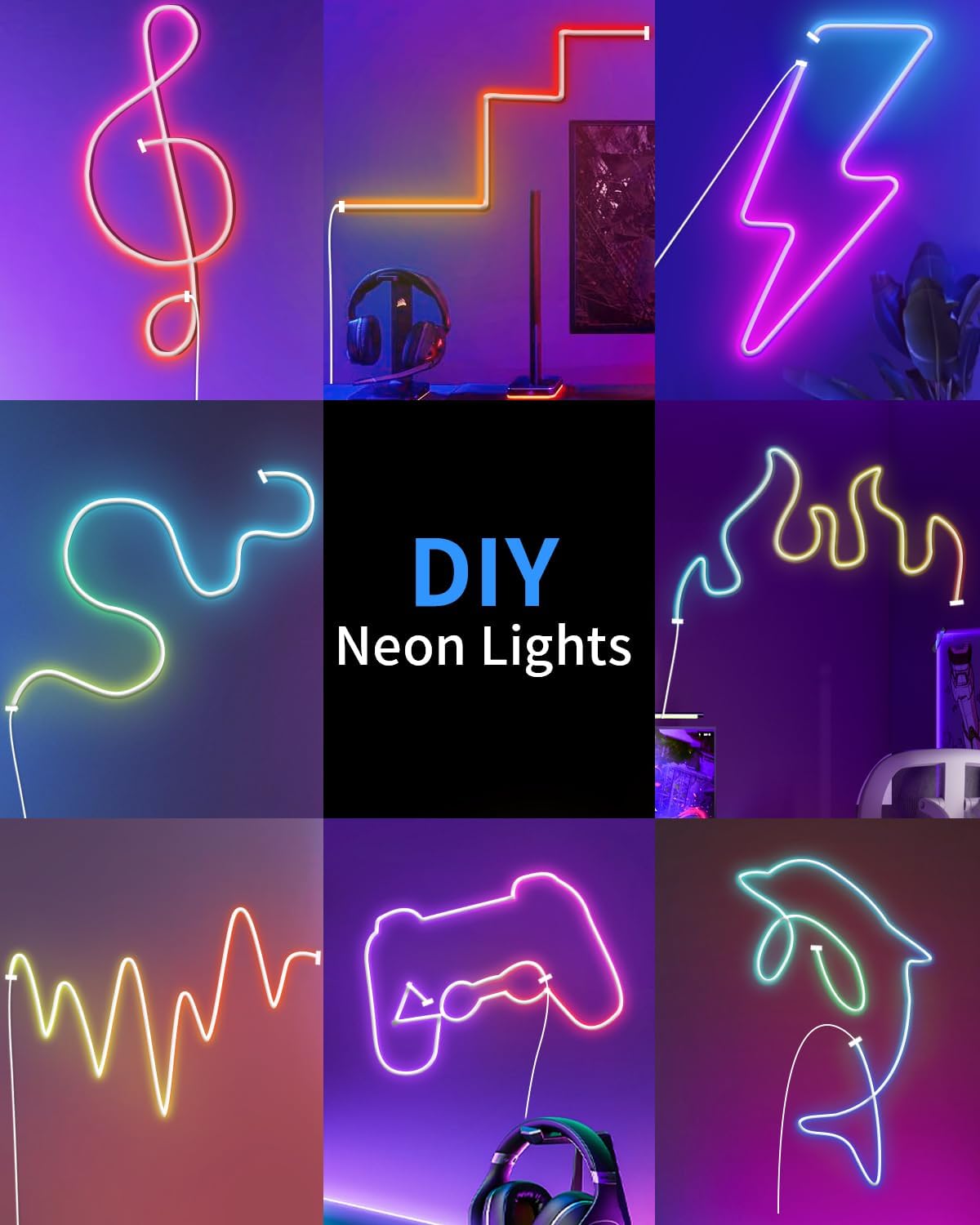Cuerda de neón RGB de 33 pies, luces de neón flexibles impermeables IP68, tira de luces LED para dormitorio, decoración de habitación de niños para