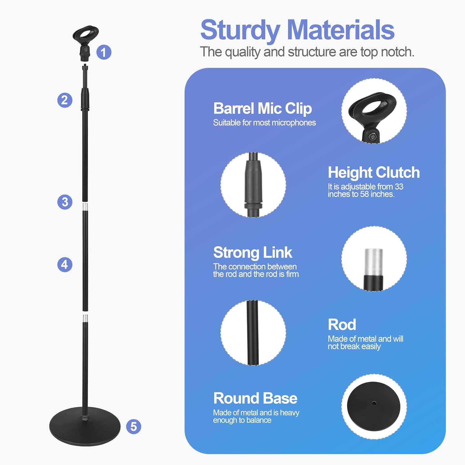 Soporte para micrófono, soporte ajustable para micrófono de karaoke para cantar, soporte universal para el suelo desmontable con base redonda