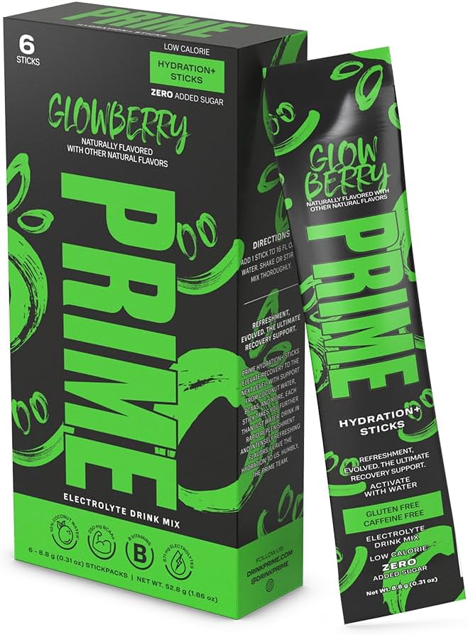 Prime Hydration + Paquete de palitos  GLOWBERRY  6 varillas  Mezcla de bebida con electrolitos  10% de agua de coco  250 mg de BCAA  Antioxidantes