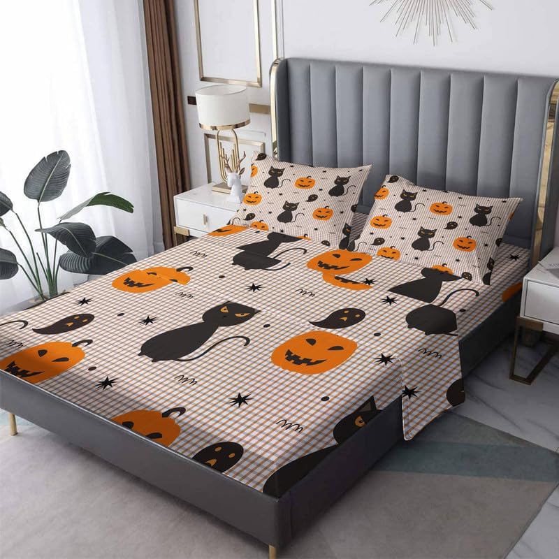 Juego de sábanas California King  Sábanas de calabaza de Halloween, sábanas y fundas de almohada de gato negro y fantasma, bolsillo suave y