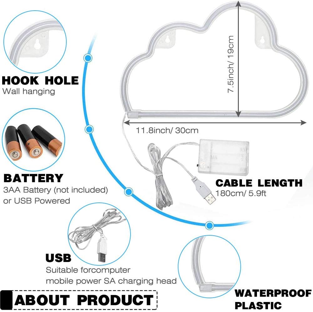 YouOKLight Letrero de nube de neón, luz LED de nube, luces de noche, luces de neón alimentadas por batería o USB, para decoración de pared,