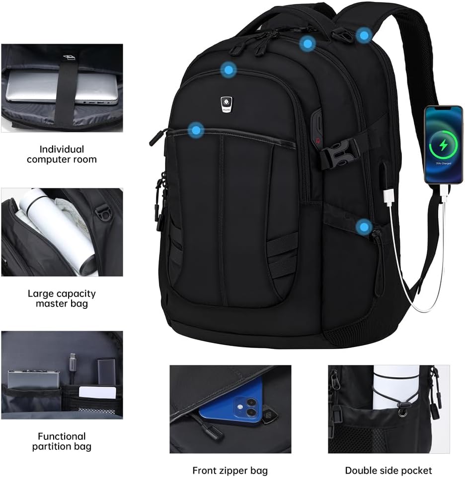 FILLOVE Mochila para computadora de 15,6 pulgadas, Negro -, Mochilas de lona
