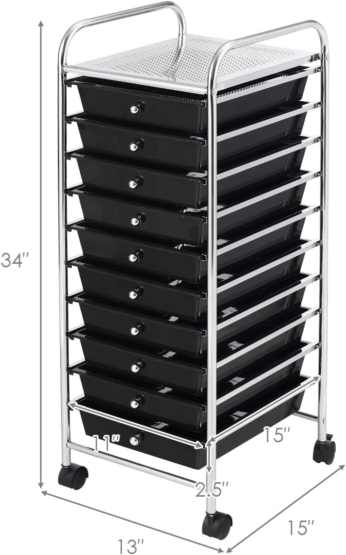 RELAX4LIFE Carrito de almacenamiento con 10 cajones, ruedas rodantes, semitransparente, multiusos, móvil con ruedas para escuela, oficina, hogar,