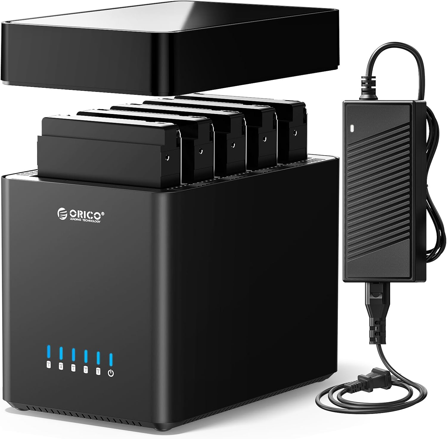 ORICO Caja de disco duro de 5 bahías de 3.5 pulgadas USB C a SATA, caja magnética para disco duro externo sin herramientas con adaptador de