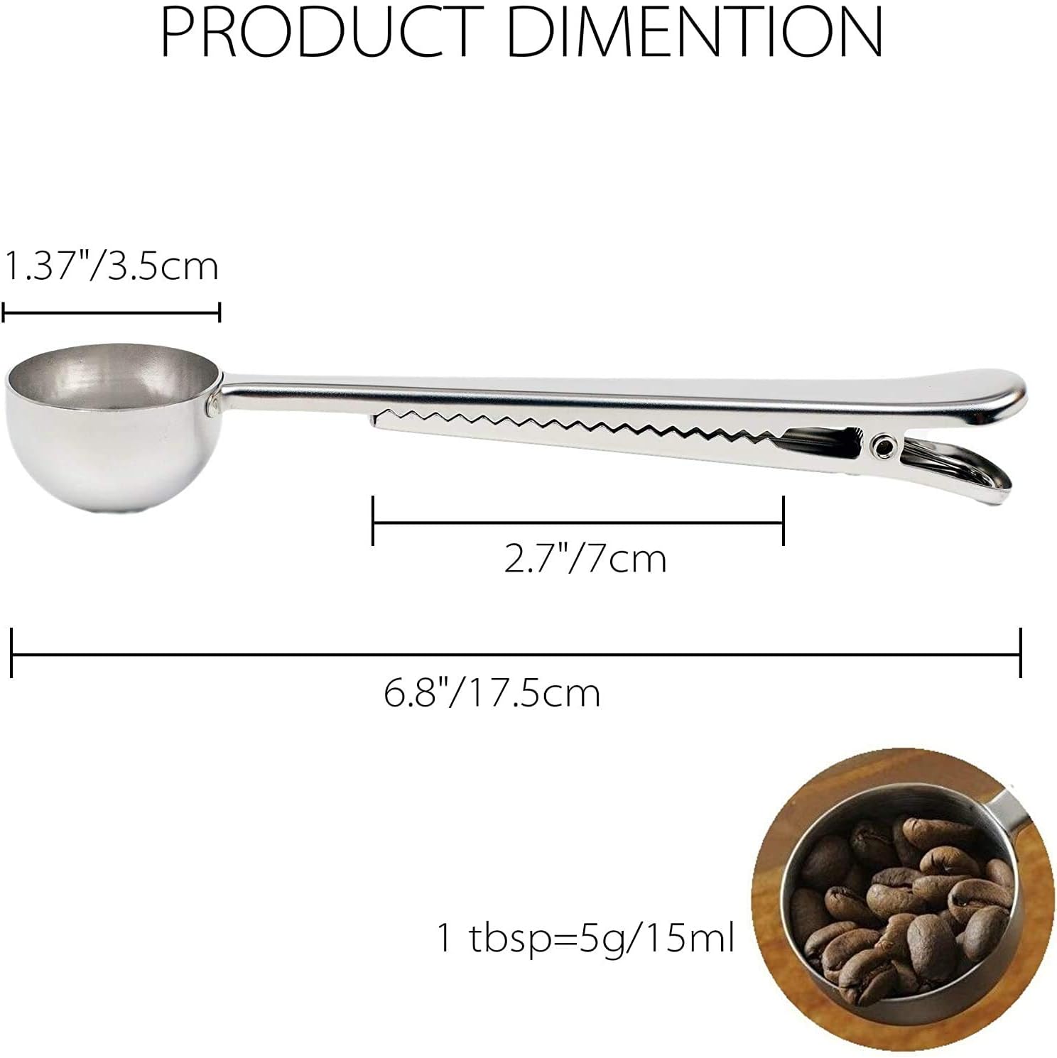 Paquete de 2 cucharas de café, cucharas medidoras de acero inoxidable, con clip para bolsa de café, adecuadas para café molido, granos de espresso,