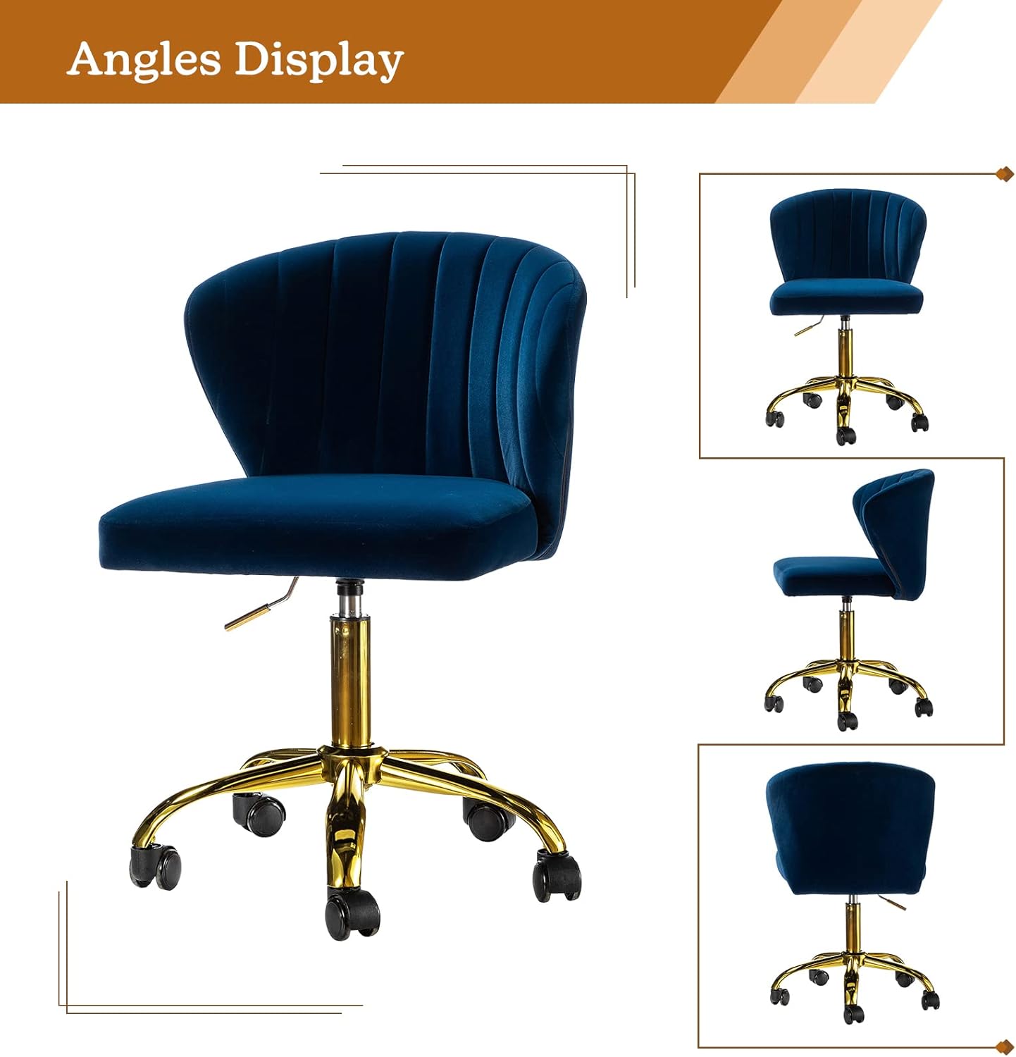 TINA’S HOME Sillas de escritorio de oficina con ruedas y base dorada, moderna silla de oficina sin brazos de terciopelo, silla giratoria ajustable