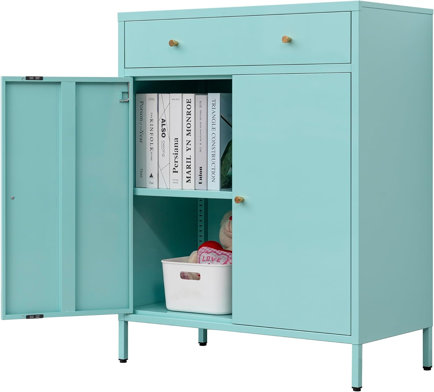 CMY Aparador de buffet, gabinete de almacenamiento de metal con cajón y puertas, gabinete de oficina en casa con estante ajustable y niveladores de