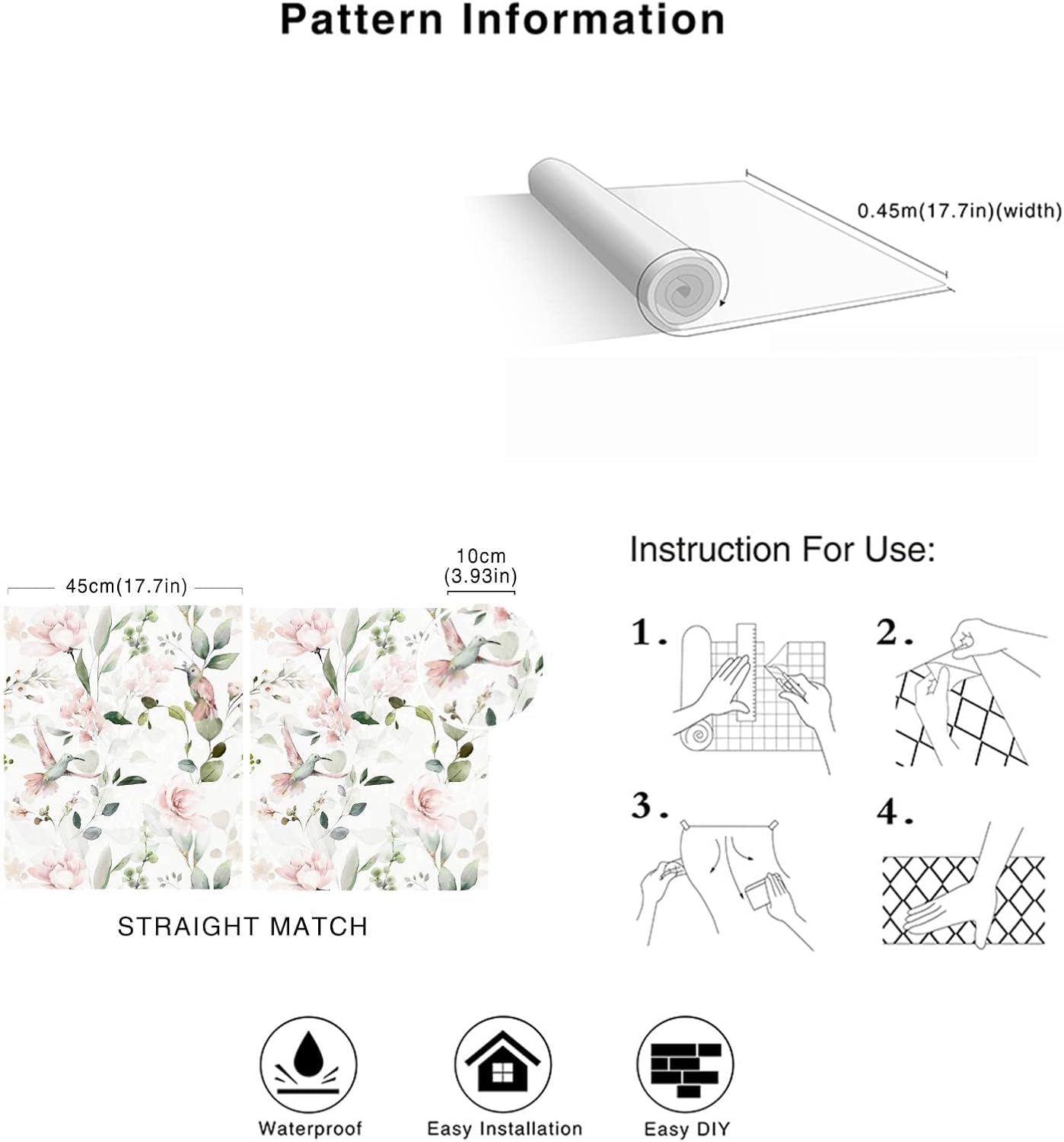 Meihodan Papel tapiz autoadhesivo vintage con peonía rosa, diseño de flores, pájaros, papel tapiz extraíble, para cubrir la pared, cajón de estante