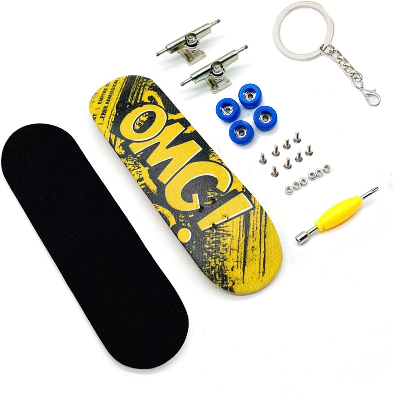 Patineta de madera de arce con caja, ruedas profesionales para diapasones con rodamientos, mini juguete para dedos para adultos y niños (amarillo)