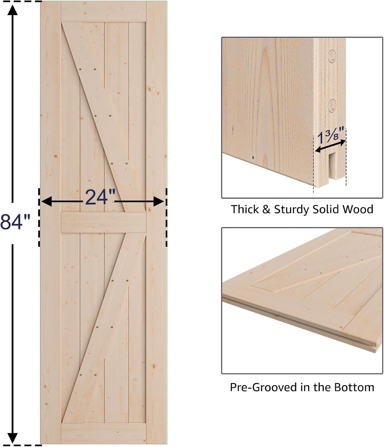 SmartStandard Puerta corredera de madera de granero de 24 x 80 pulgadas preperforada lista para montar, losa con paneles de madera de abeto maciza