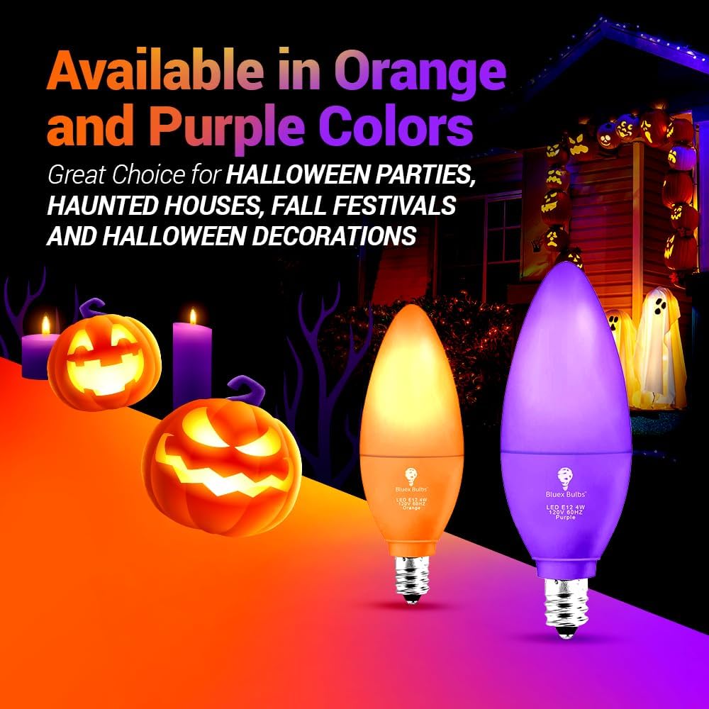 BlueX – Paquete de 6 bombillas LED moradas de 4 W (equivalente a 40 vatios) – Base E12 púrpura bombilla LED morada, decoración de fiestas, porche,