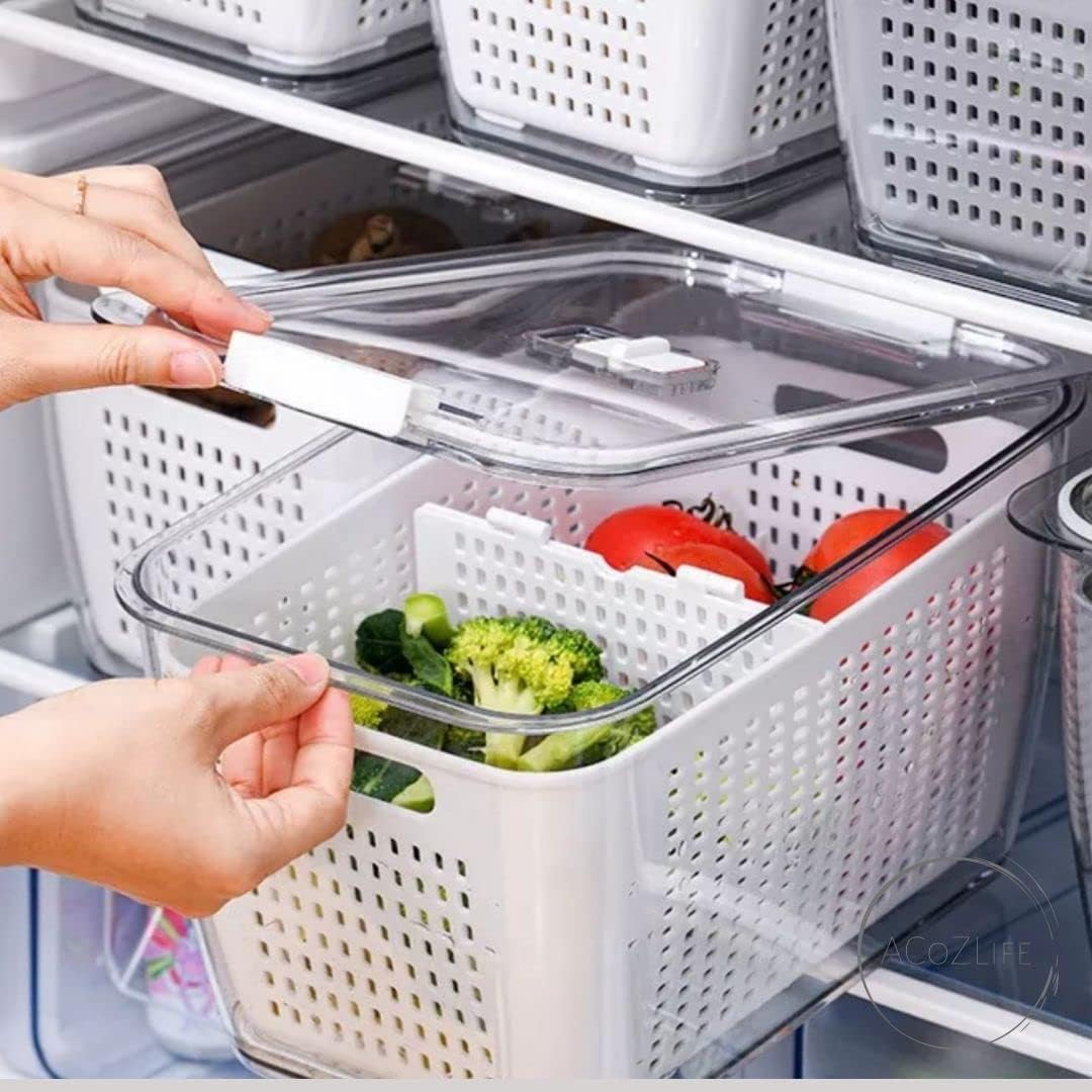 Contenedor de almacenamiento para refrigerador de cocina, paquete de 2 con cestas de drenaje y tapas