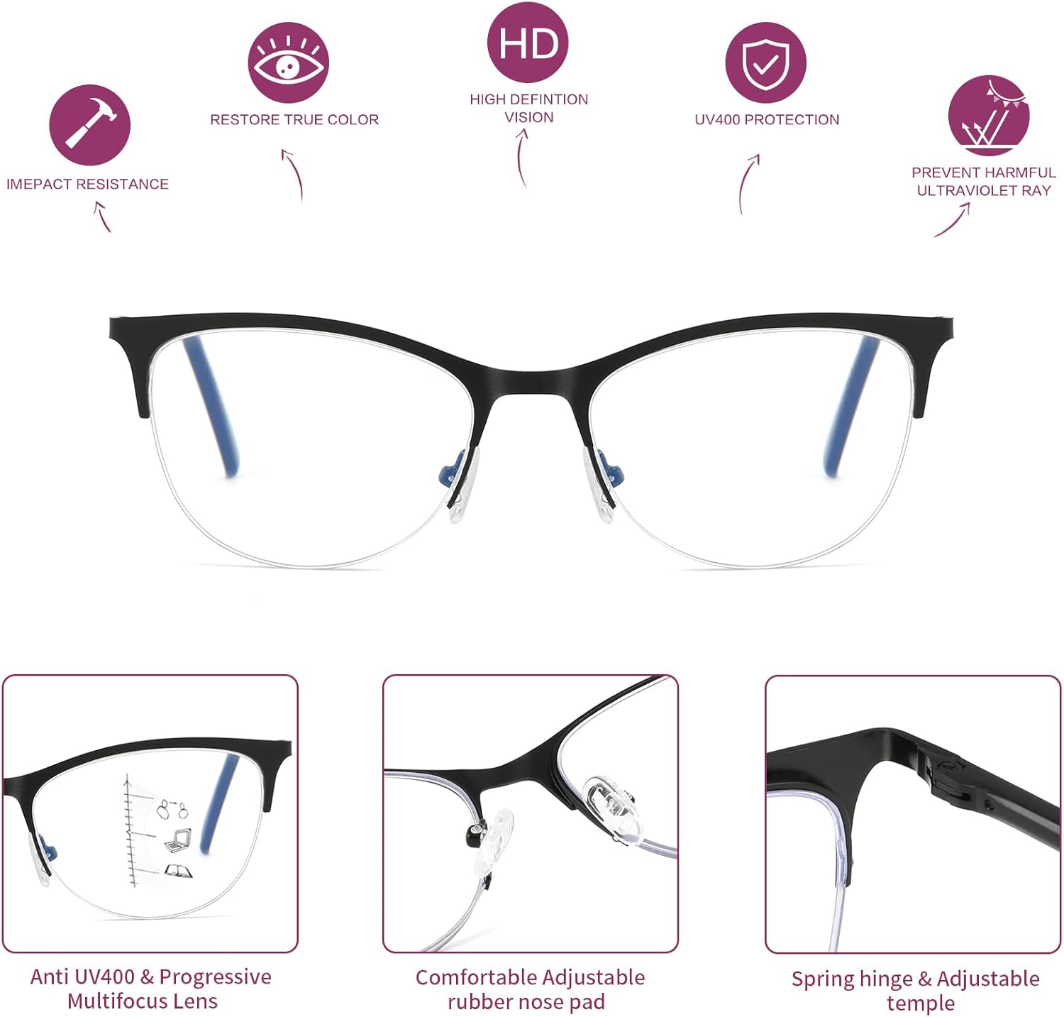 Gafas de lectura multifocales para mujer, progresivas multifocales, luz azul, lector de computadora, ojo de gato, metal, medio marco, sin línea