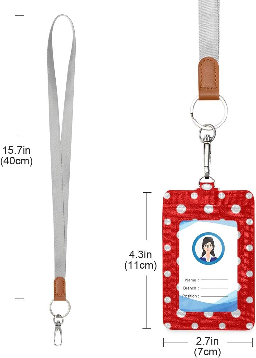 VIKKO Portatarjetas de lunares rojos y blancos, cartera de piel sintética para tarjetas de identificación con cordón para el cuello y llavero