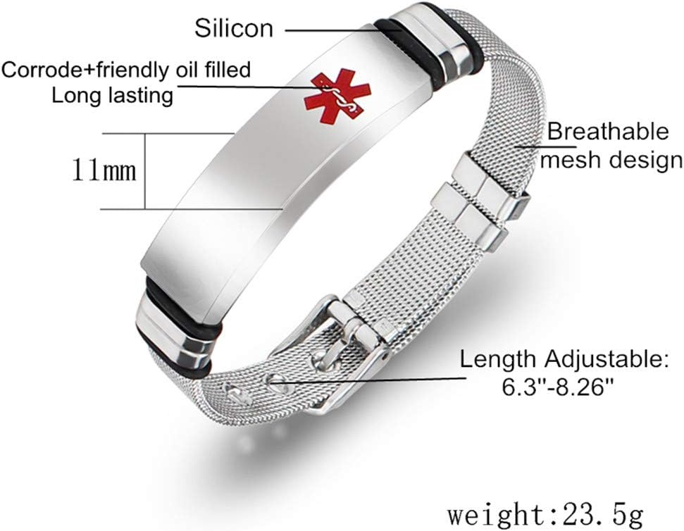 Pulsera de concientización de enfermedades de alerta médica de acero inoxidable con grabado personalizado gratuito para mujeres y hombres, pulsera