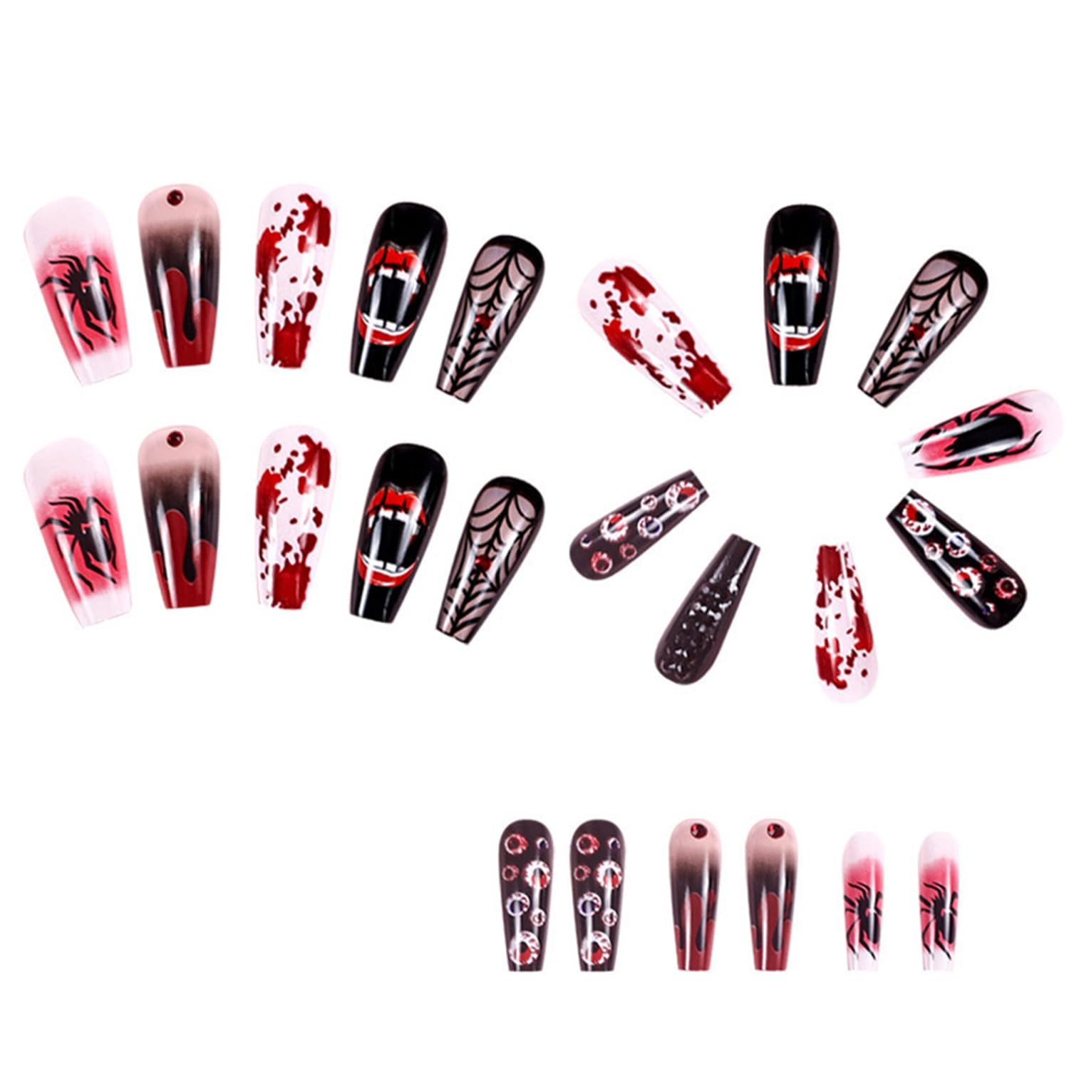 Uñas postizas a presión para Halloween, diseño de telaraña, con forma de araña y gota de sangre, uñas largas de terror, uñas artificiales para el