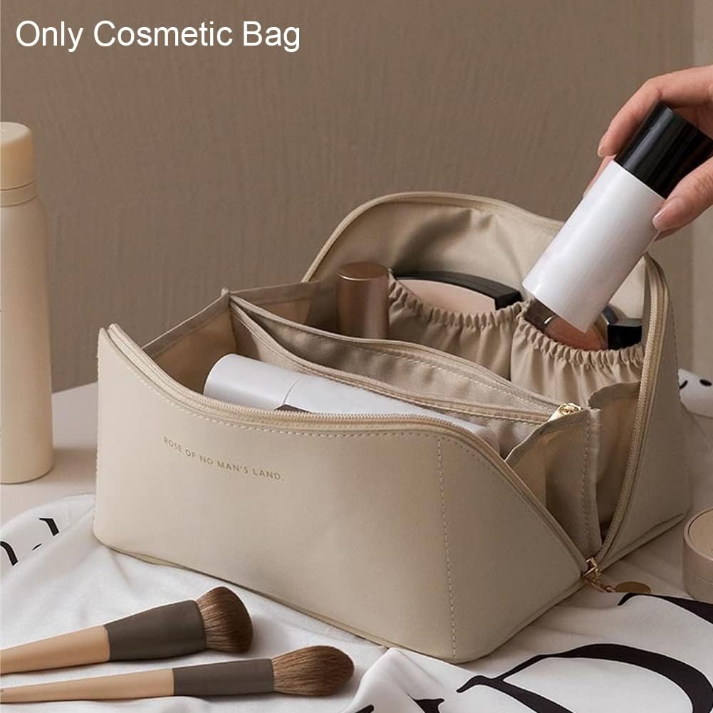 Bolsa de cosméticos de viaje de gran apertura, bolsa de maquillaje de piel sintética, bolsa de maquillaje de viaje portátil para mujer con asa y