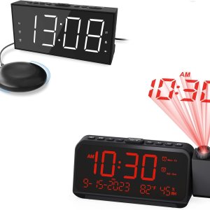 Roxicosly Reloj despertador de proyección dígitos blancos proyección roja+despertador súper fuerte con agitador de cama 2 unids Roxicosly Reloj despertador de proyección dígitos blancos proyección roja+despertador súper fuerte con agitador de cama 2 unids