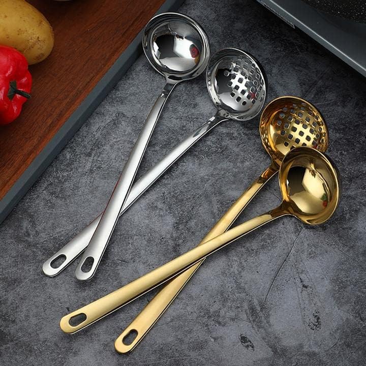 MBBITL Cucharón de sopa Skimmer Cuchara Set Grande 2.9 Pulgadas Tazón Mango Largo Colador Colador De Acero Inoxidable Servidor De Olla Caliente – Oro