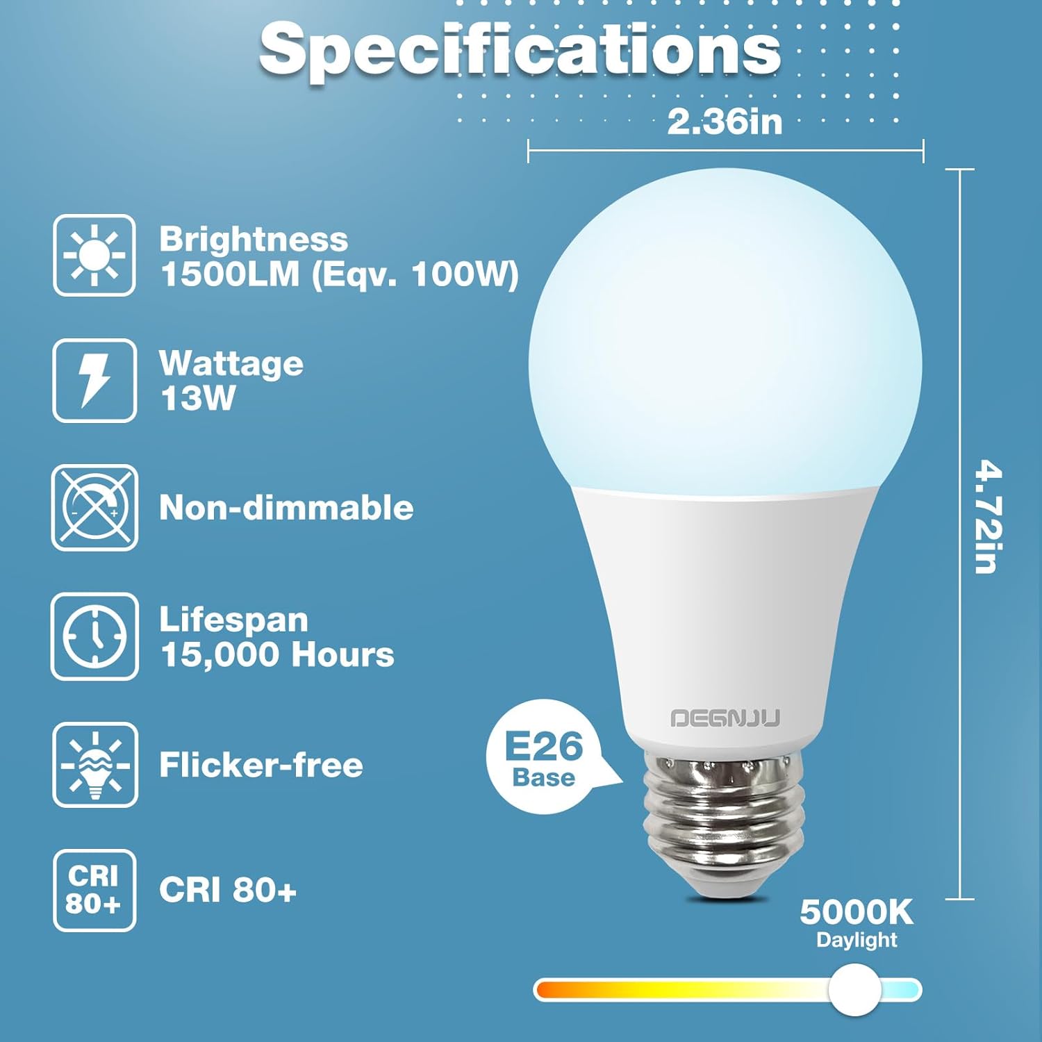 Bombillas LED de luz diurna equivalente a 100 W A19 de 5000 K, 1500 lúmenes, base E26, no regulable, blanco brillante de 13 W para dormitorio,