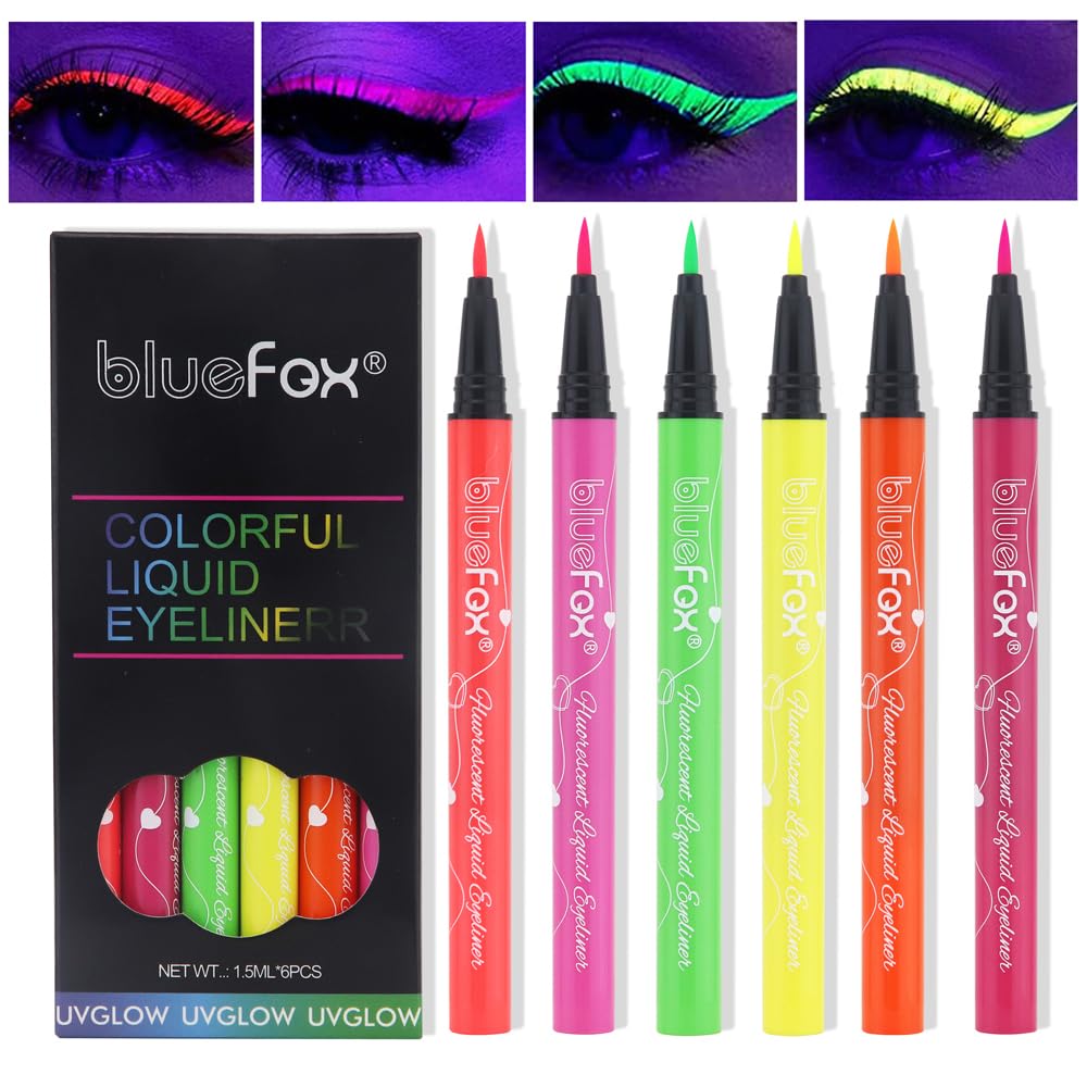 GL-Turelifes Juego de 6 delineadores de ojos con brillo UV, delineador líquido fluorescente de color arco iris, delineador de ojos colorido neón
